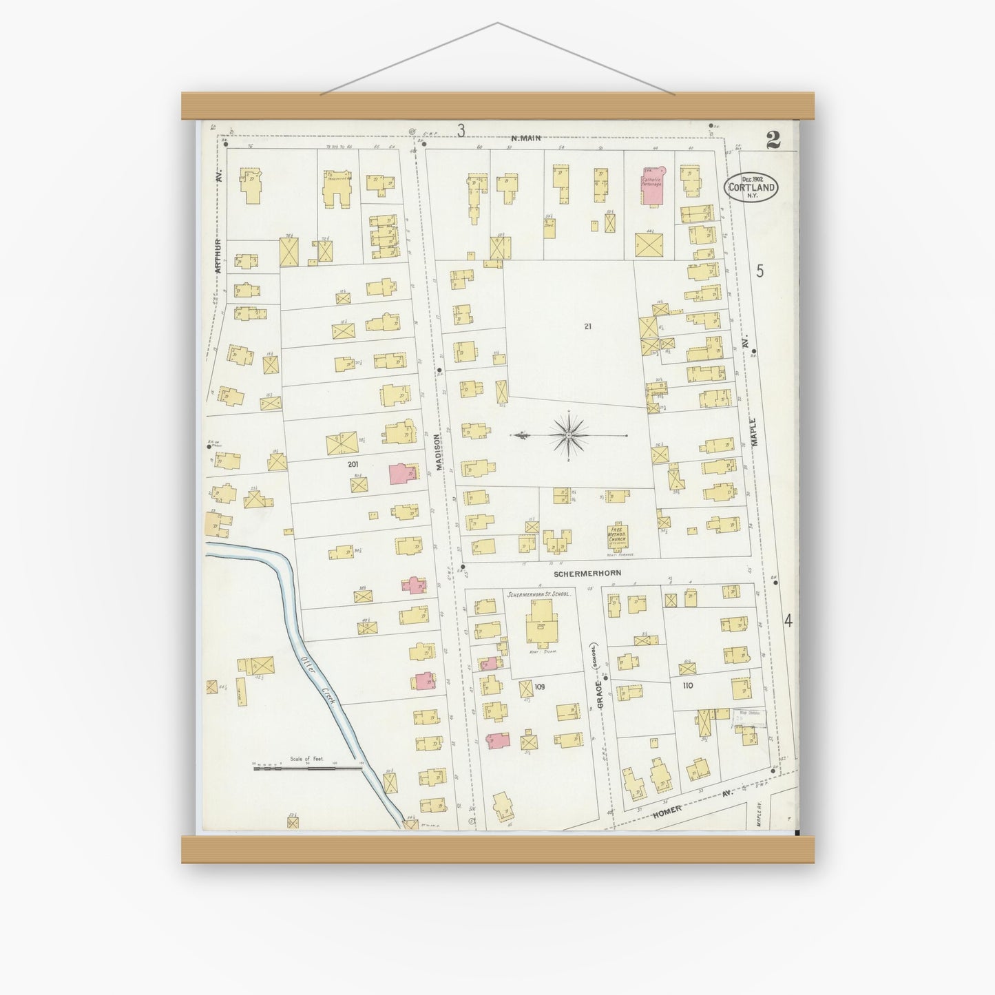 Old map wall art mockup — magnetic wood frame on white wall — Sanborn Fire Insurance Map from Cortland, Cortland County, New York (1902) - Complete Map Set