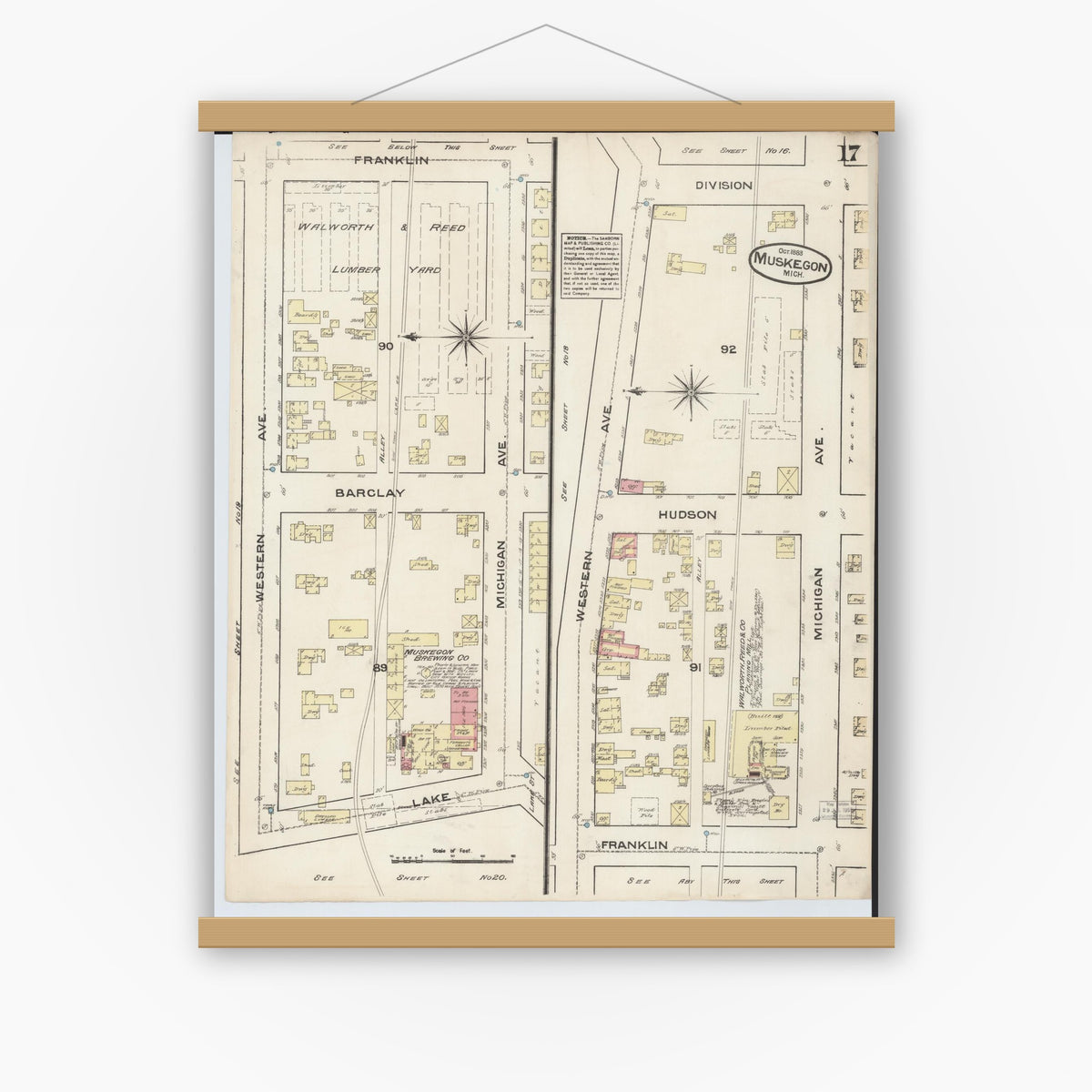 Old map wall art mockup — magnetic wood frame on white wall — Sanborn Fire Insurance Map from Muskegon, Muskegon County, Michigan (1883), Sheet #0017