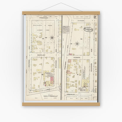 Old map wall art mockup — magnetic wood frame on white wall — Sanborn Fire Insurance Map from Muskegon, Muskegon County, Michigan (1883), Sheet #0017