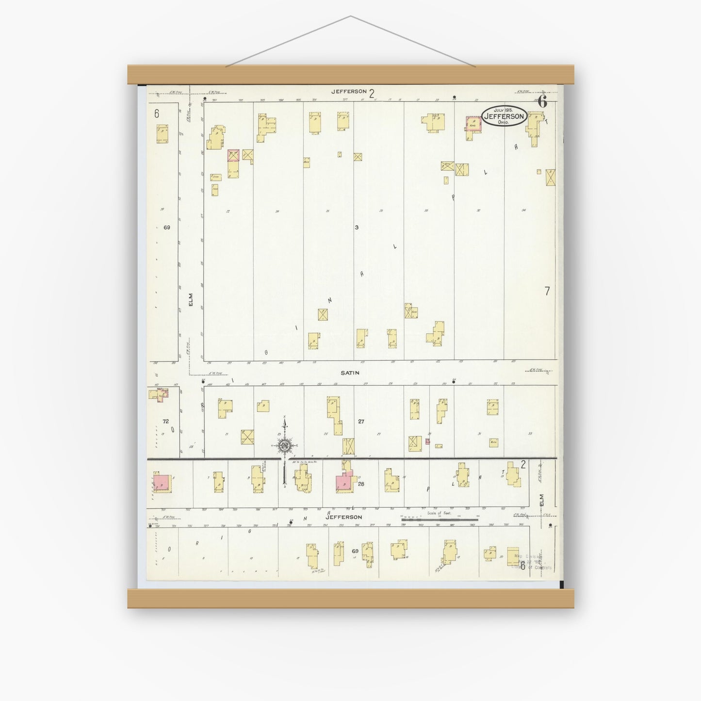 Old map wall art mockup — magnetic wood frame on white wall — Sanborn Fire Insurance Map from Jefferson, Ashtabula County, Ohio (1915), Sheet #0006
