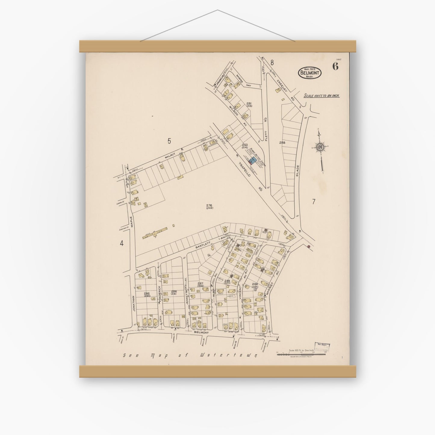 Old map wall art mockup — magnetic wood frame on white wall — Sanborn Fire Insurance Map from Belmont, Middlesex County, Massachusetts (1922), Sheet #0006