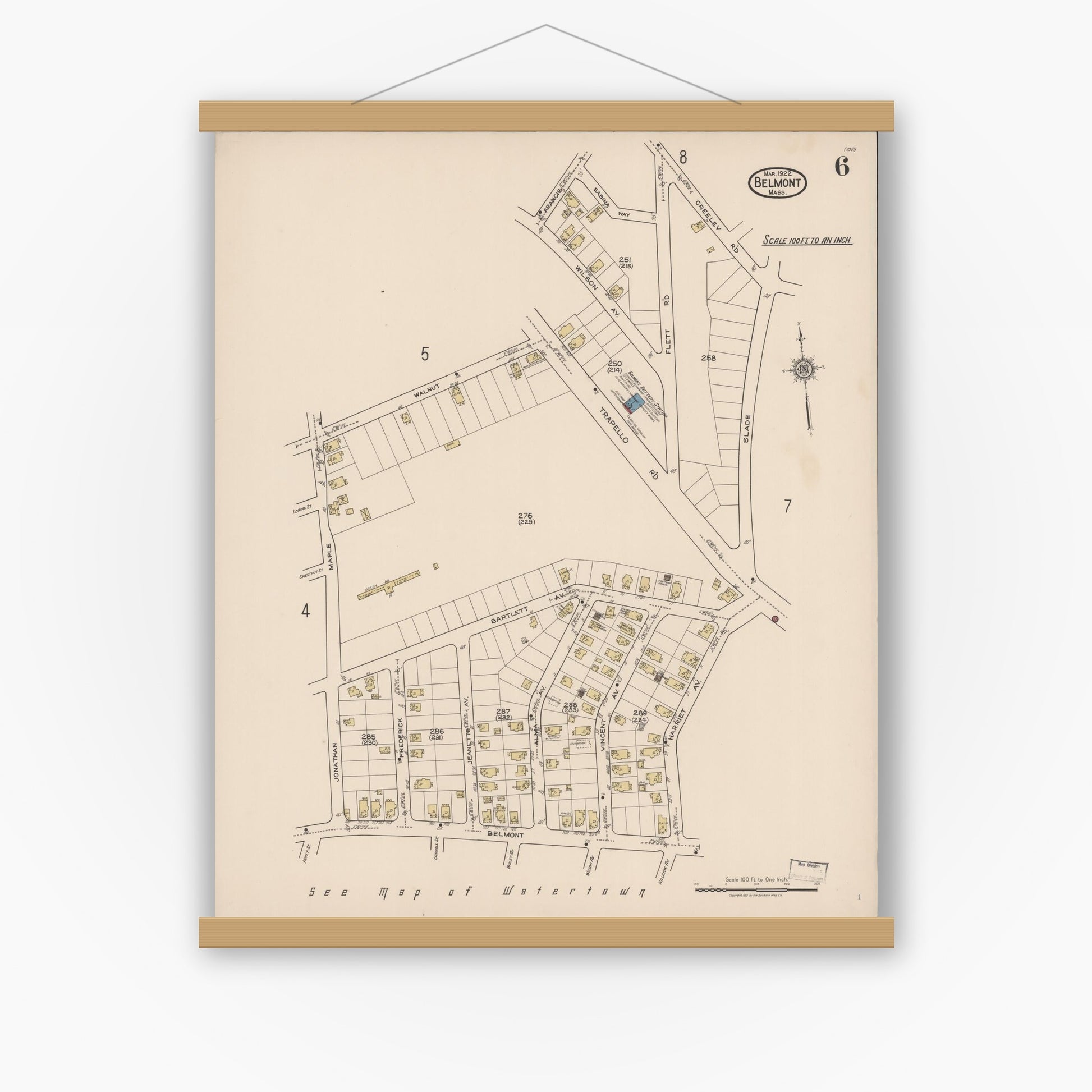 Old map wall art mockup — magnetic wood frame on white wall — Sanborn Fire Insurance Map from Belmont, Middlesex County, Massachusetts (1922), Sheet #0006
