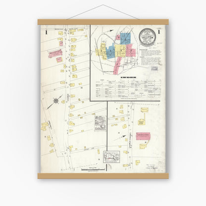 Old map wall art mockup — magnetic wood frame on white wall — Sanborn Fire Insurance Map from Gallitzin, Cambria County, Pennsylvania (1923) - Complete Map Set