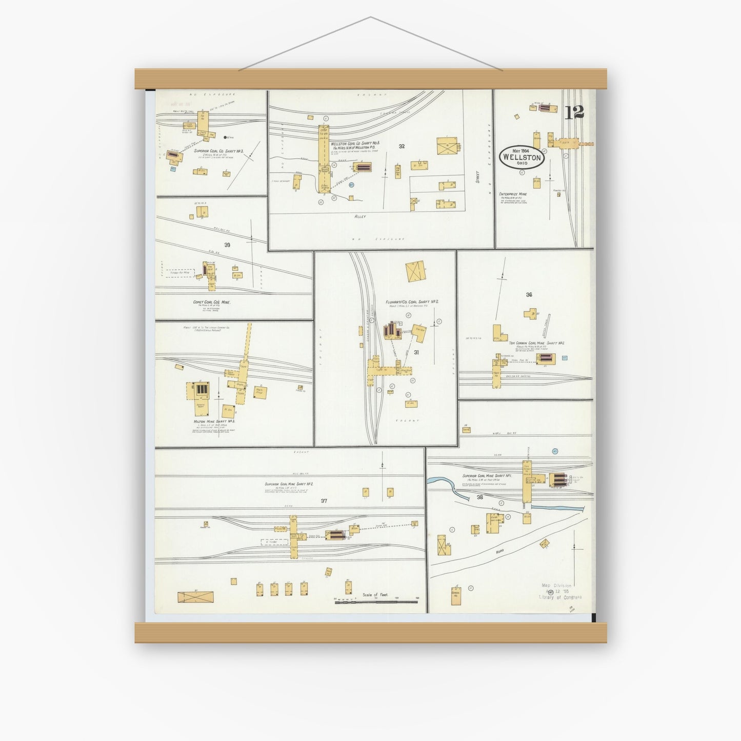 Old map wall art mockup — magnetic wood frame on white wall — Sanborn Fire Insurance Map from Wellston, Jackson County, Ohio (1904), Sheet #0012