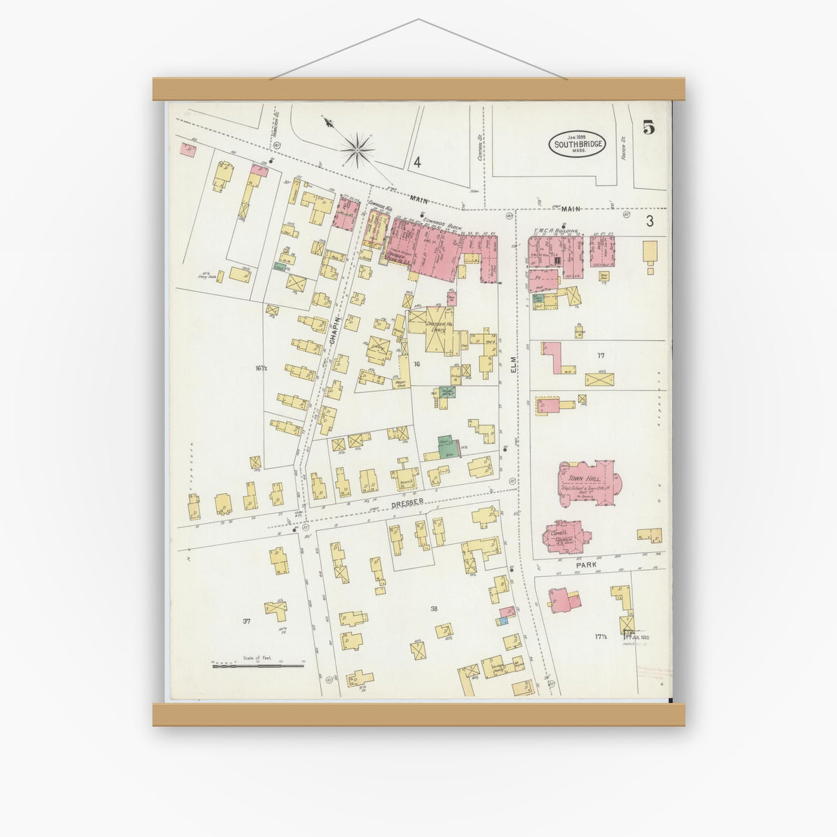 Old map wall art mockup — magnetic wood frame on white wall — Sanborn Fire Insurance Map from Southbridge, Worcester County, Massachusetts (1899), Sheet #0005