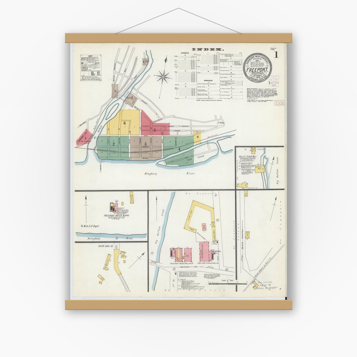Old map wall art mockup — magnetic wood frame on white wall — Sanborn Fire Insurance Map from Freeport, Armstrong County, Pennsylvania (1902) - Complete Map Set