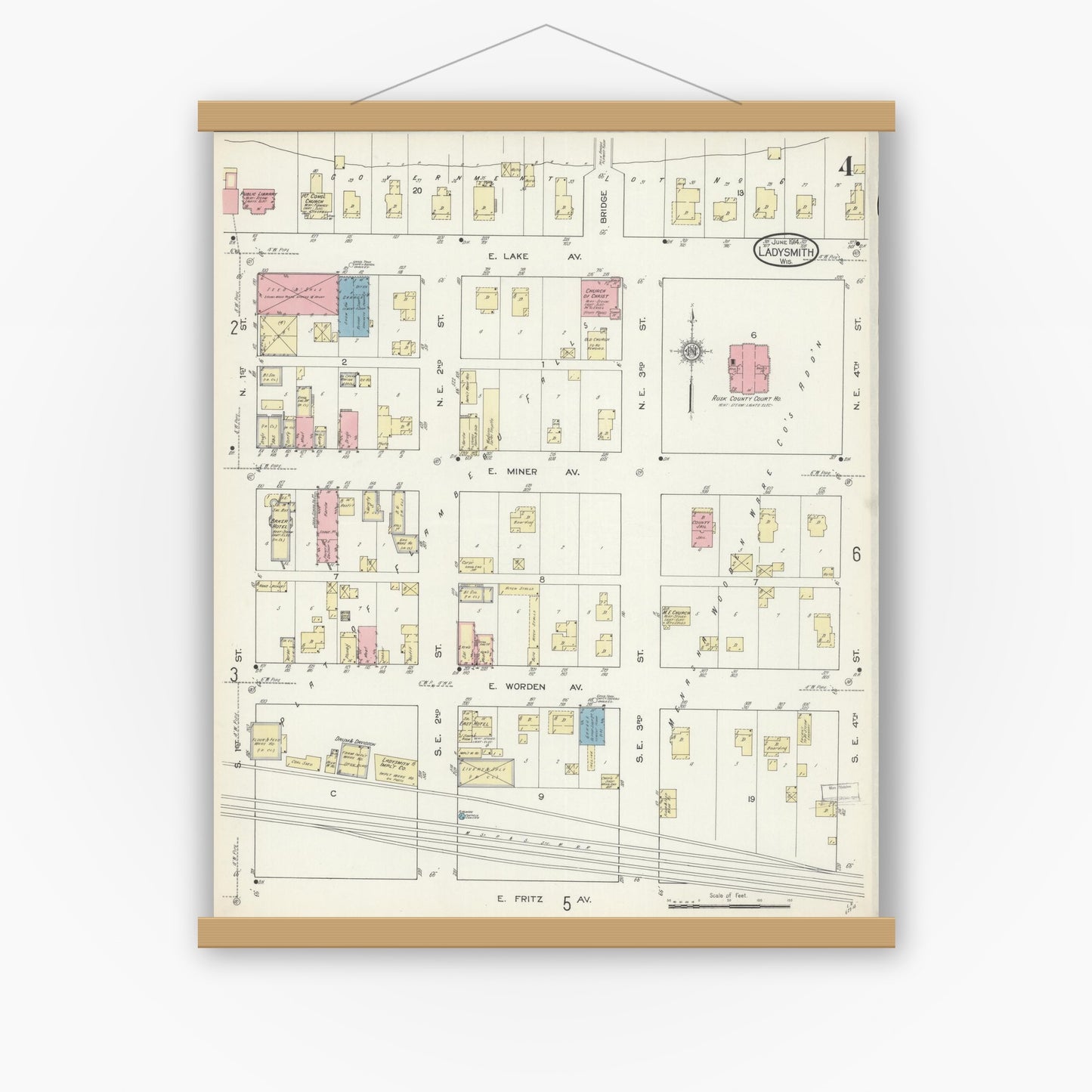 Old map wall art mockup — magnetic wood frame on white wall — Sanborn Fire Insurance Map from Ladysmith, Rusk County, Wisconsin (1914), Sheet #0004
