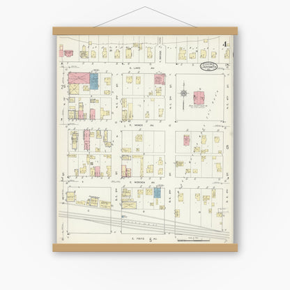 Old map wall art mockup — magnetic wood frame on white wall — Sanborn Fire Insurance Map from Ladysmith, Rusk County, Wisconsin (1914), Sheet #0004