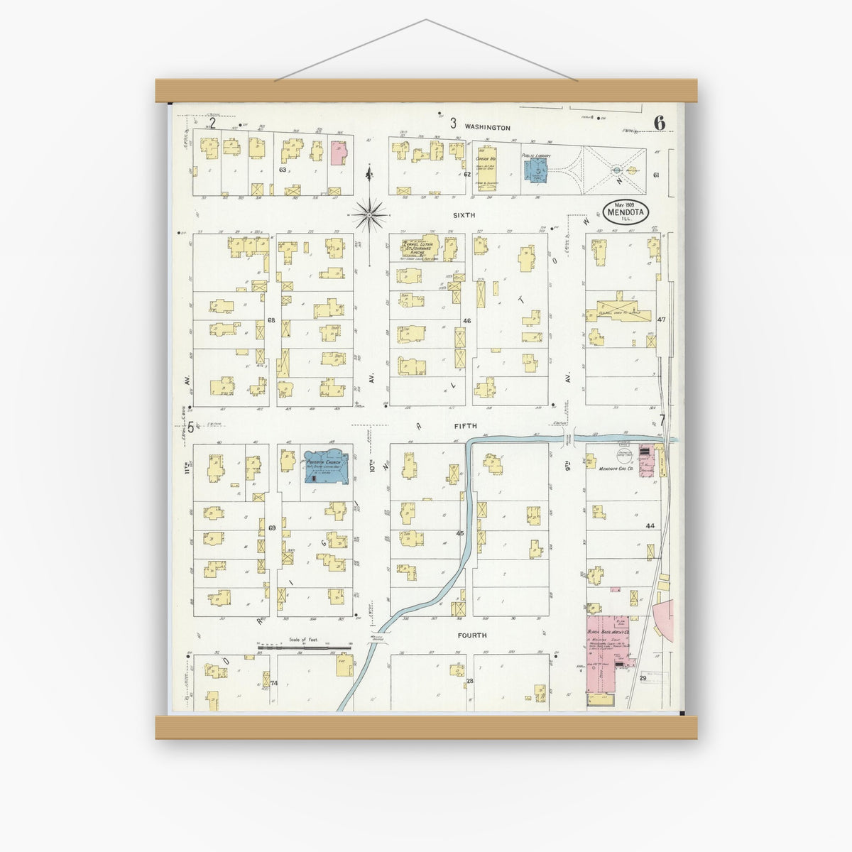 Old map wall art mockup — magnetic wood frame on white wall — Sanborn Fire Insurance Map from Mendota, La Salle County, Illinois (1909), Sheet #0006