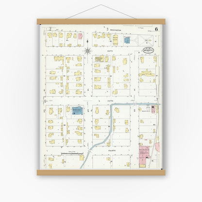 Old map wall art mockup — magnetic wood frame on white wall — Sanborn Fire Insurance Map from Mendota, La Salle County, Illinois (1909), Sheet #0006