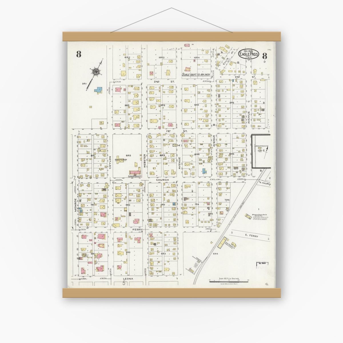 Old map wall art mockup — magnetic wood frame on white wall — Sanborn Fire Insurance Map from Eagle Pass, Maverick County, Texas (1924), Sheet #0008