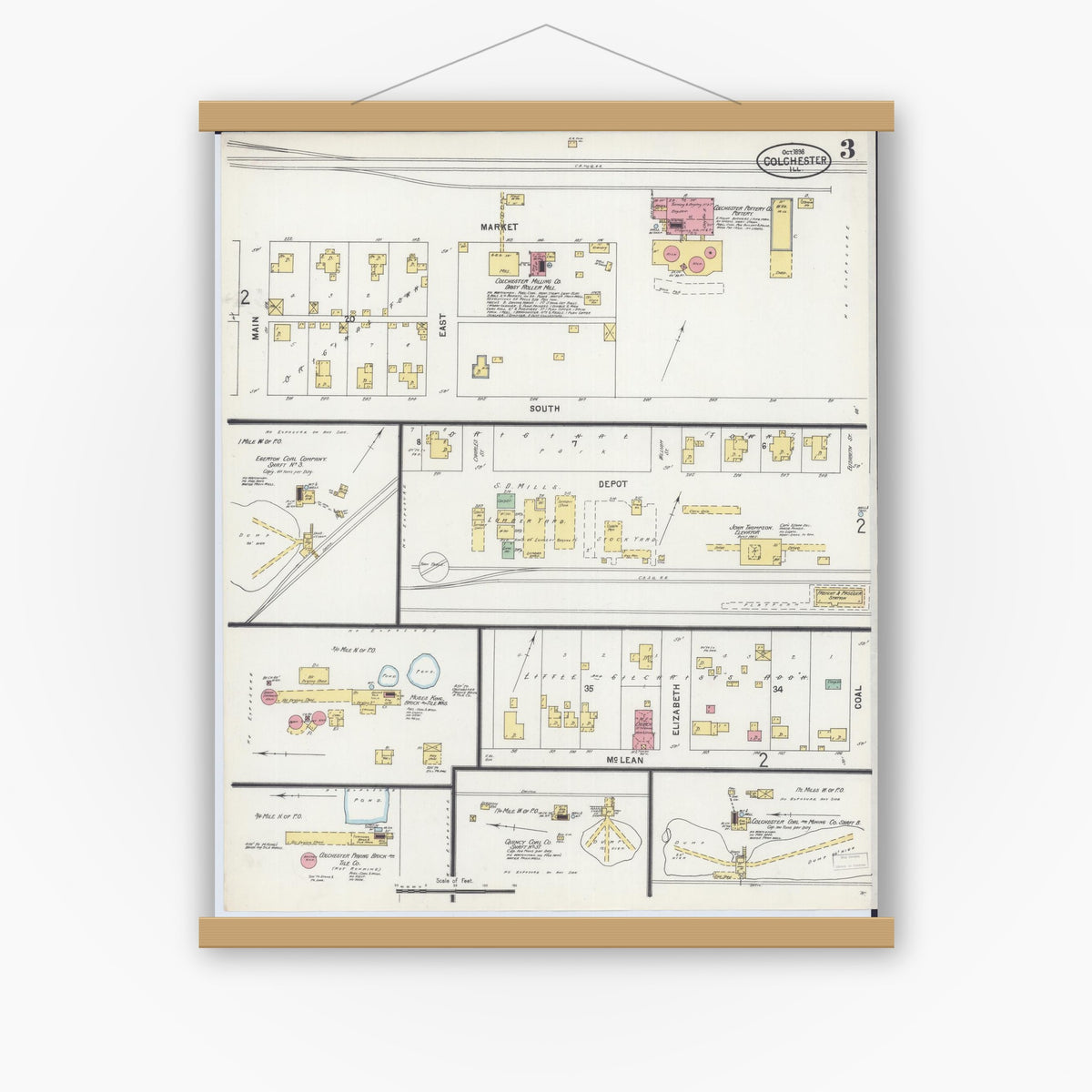 Old map wall art mockup — magnetic wood frame on white wall — Sanborn Fire Insurance Map from Colchester, Mcdonough County, Illinois (1898), Sheet #0003