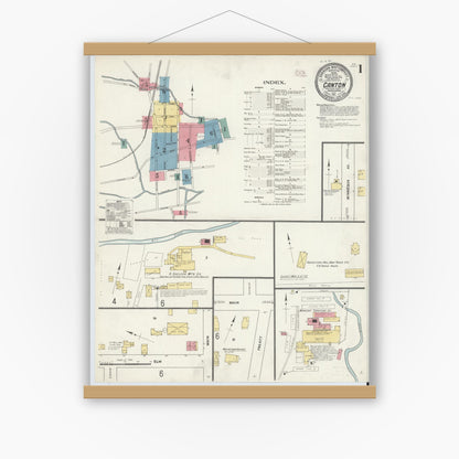 Old map wall art mockup — magnetic wood frame on white wall — Sanborn Fire Insurance Map from Canton, Bradford County, Pennsylvania (1911), Sheet #0001