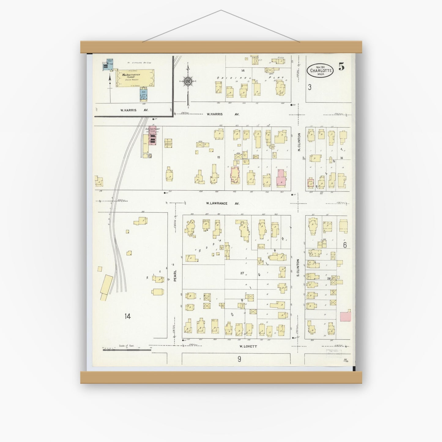 Old map wall art mockup — magnetic wood frame on white wall — Sanborn Fire Insurance Map from Charlotte, Eaton County, Michigan (1911), Sheet #0005
