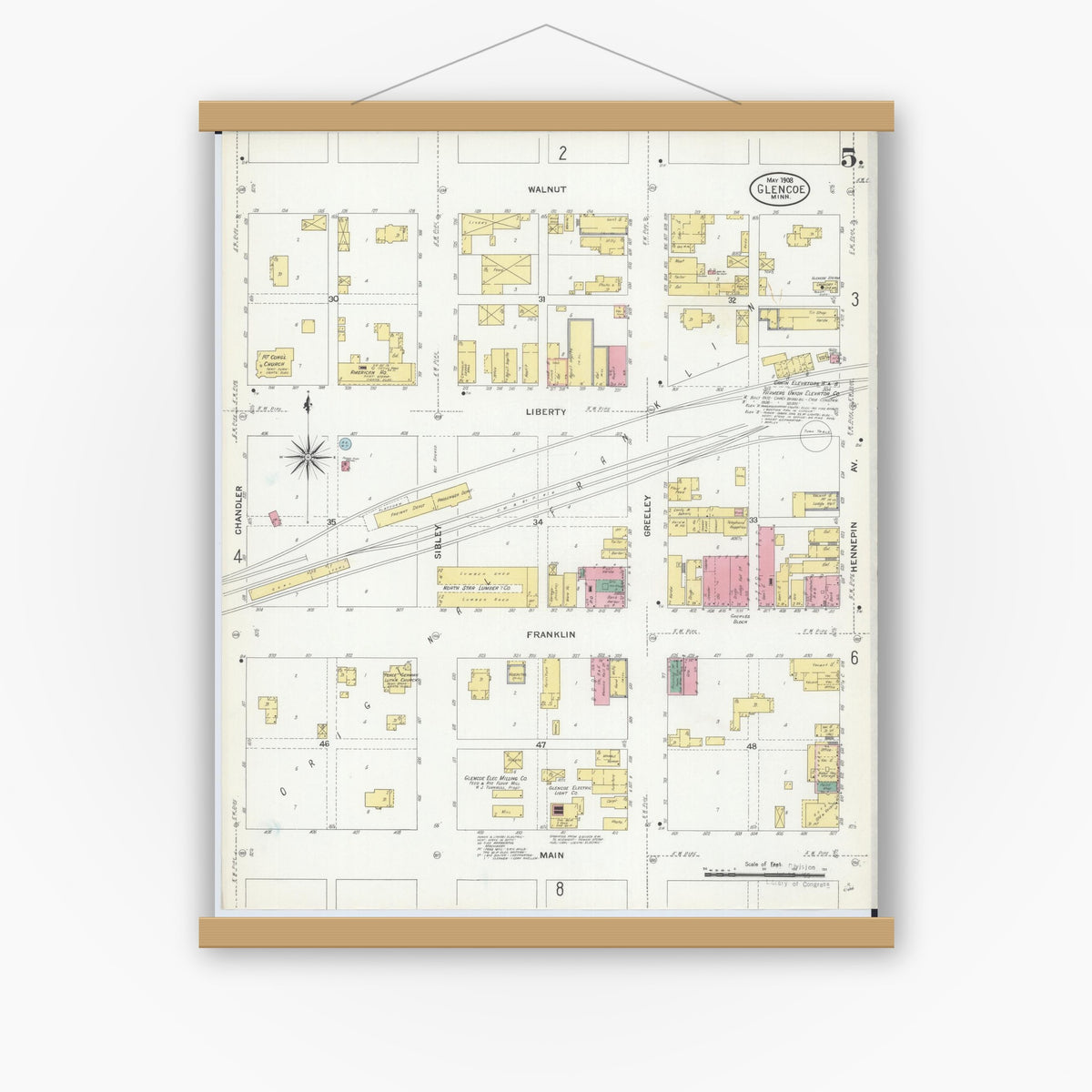 Old map wall art mockup — magnetic wood frame on white wall — Sanborn Fire Insurance Map from Glencoe, Mcleod County, Minnesota (1908), Sheet #0005