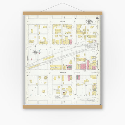 Old map wall art mockup — magnetic wood frame on white wall — Sanborn Fire Insurance Map from Glencoe, Mcleod County, Minnesota (1908), Sheet #0005