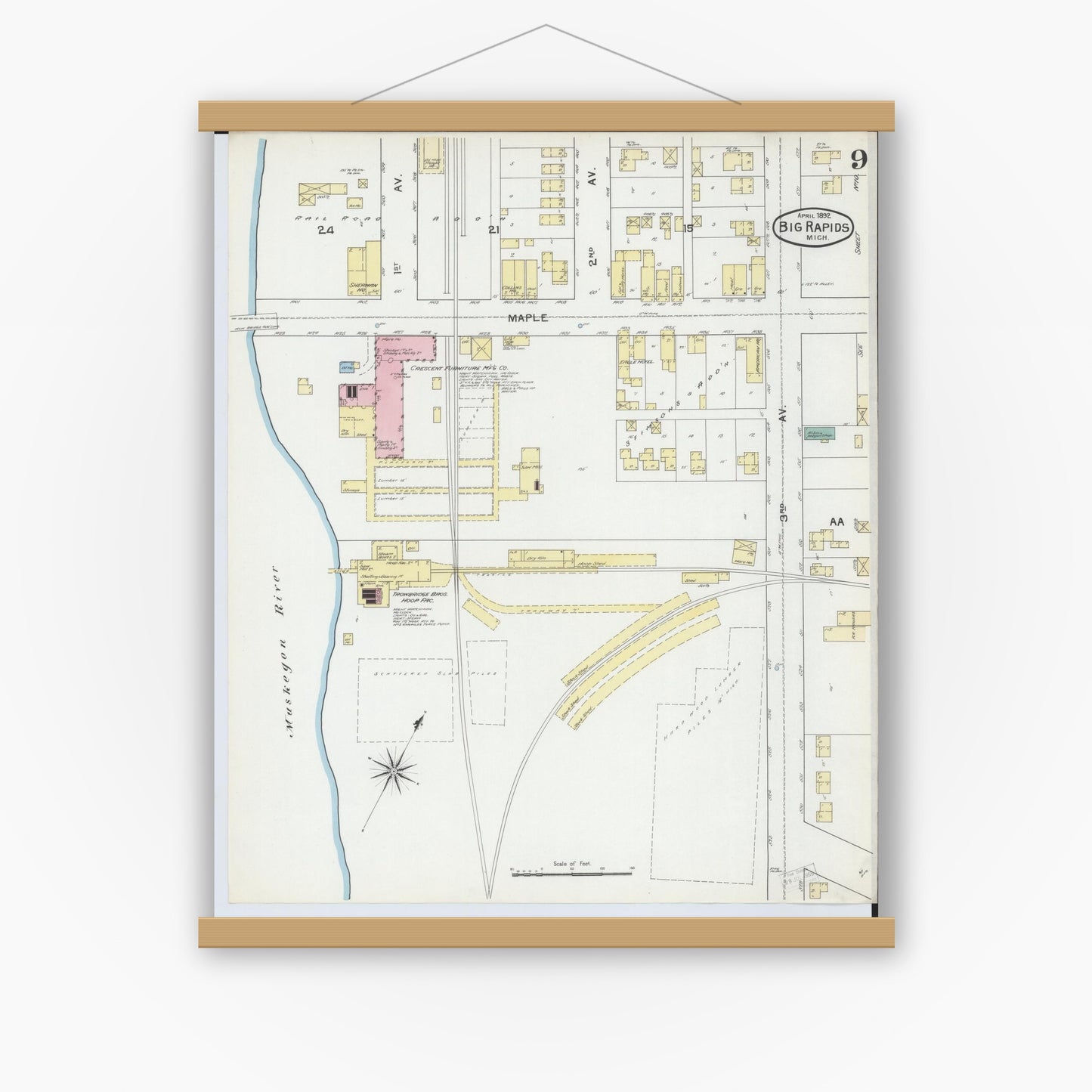 Old map wall art mockup — magnetic wood frame on white wall — Sanborn Fire Insurance Map from Big Rapids, Mecosta County, Michigan (1892), Sheet #0009