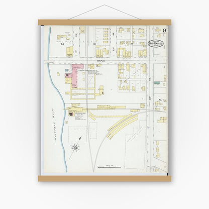 Old map wall art mockup — magnetic wood frame on white wall — Sanborn Fire Insurance Map from Big Rapids, Mecosta County, Michigan (1892), Sheet #0009