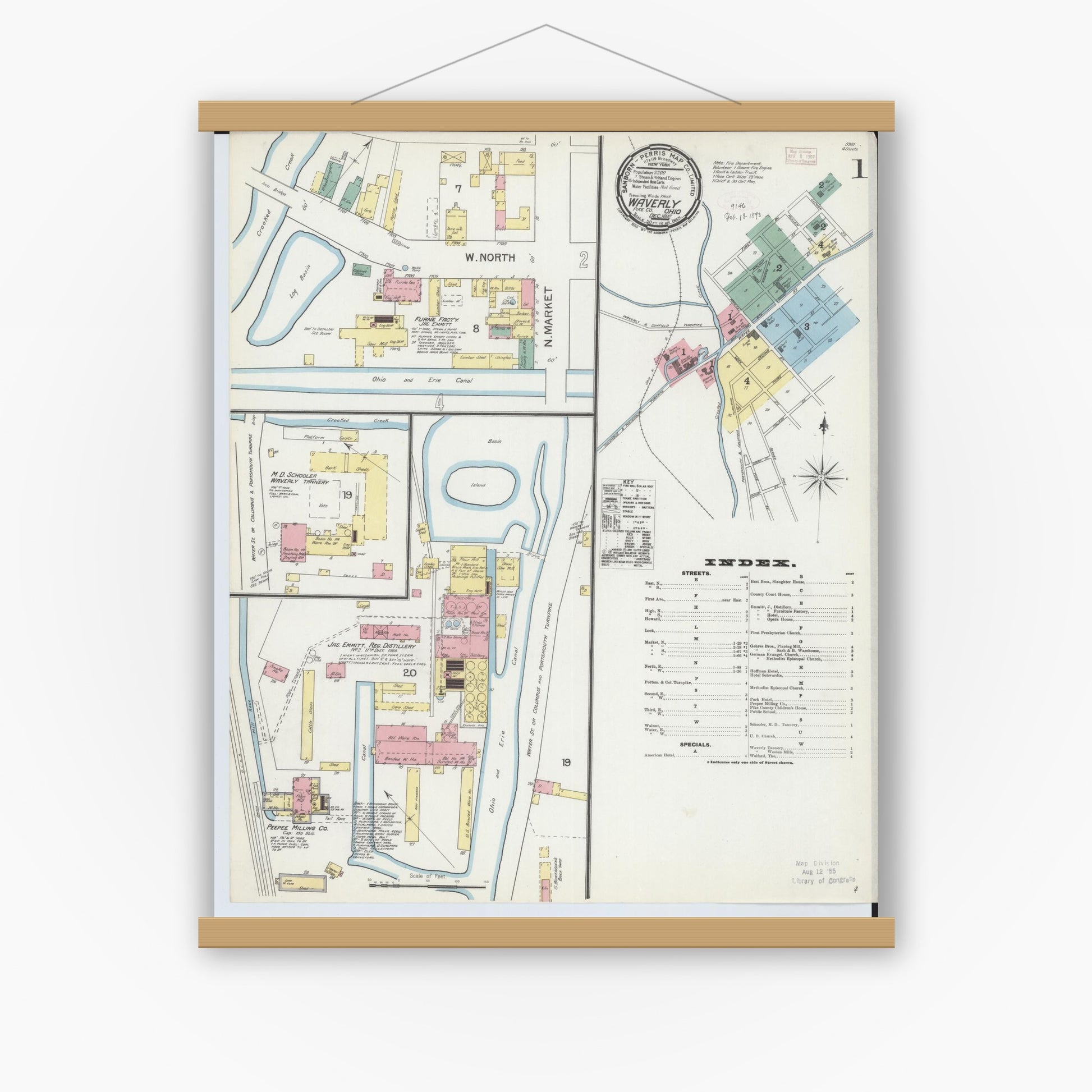 Old map wall art mockup — magnetic wood frame on white wall — Sanborn Fire Insurance Map from Waverly, Pike County, Ohio (1892), Sheet #0001