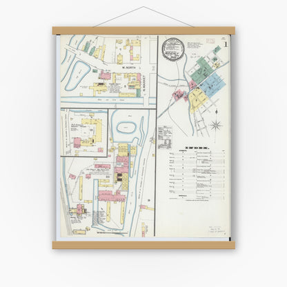 Old map wall art mockup — magnetic wood frame on white wall — Sanborn Fire Insurance Map from Waverly, Pike County, Ohio (1892), Sheet #0001