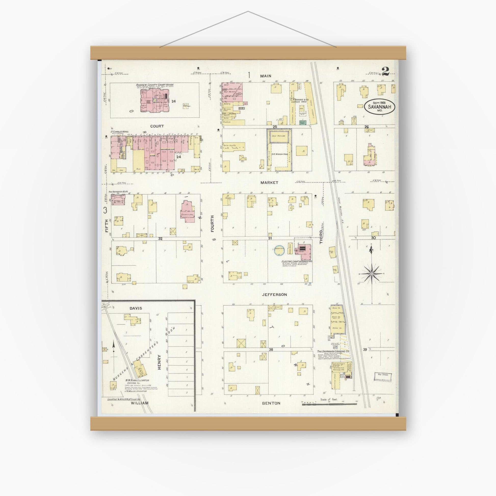 Old map wall art mockup — magnetic wood frame on white wall — Sanborn Fire Insurance Map from Savannah, Andrew County, Missouri (1908), Sheet #0002