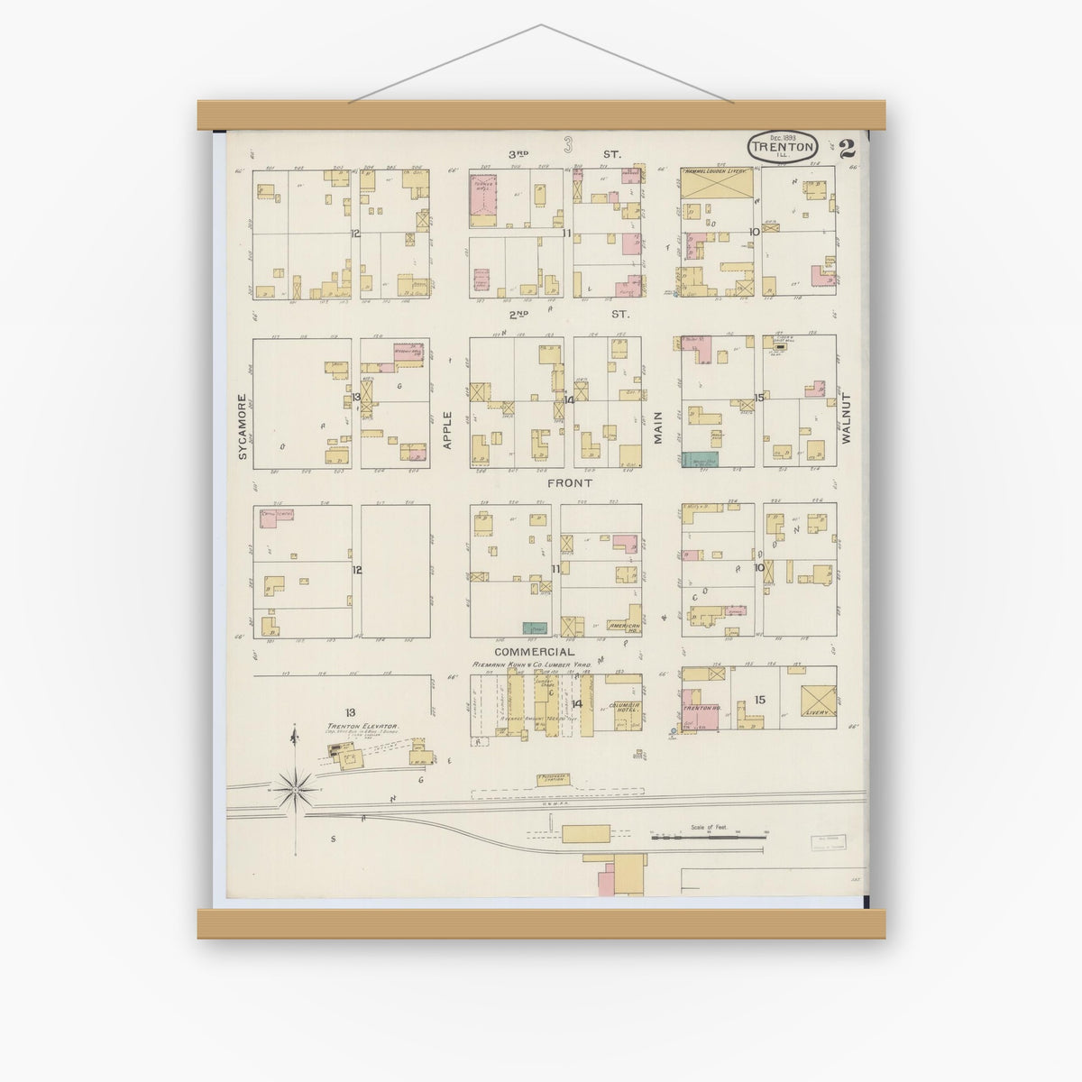 Old map wall art mockup — magnetic wood frame on white wall — Sanborn Fire Insurance Map from Trenton, Clinton County, Illinois (1893), Sheet #0002