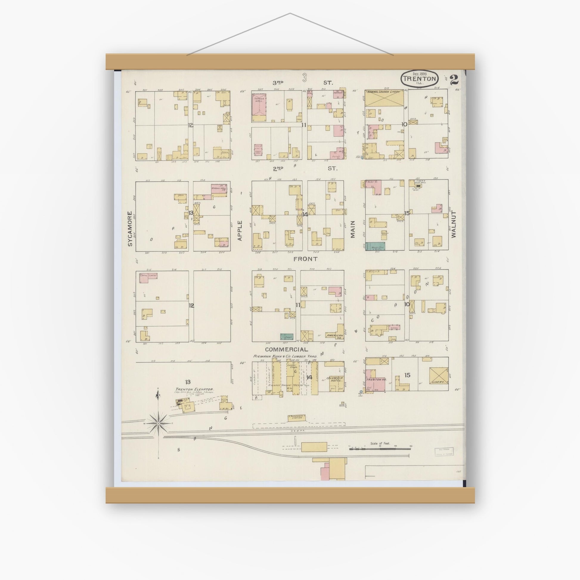 Old map wall art mockup — magnetic wood frame on white wall — Sanborn Fire Insurance Map from Trenton, Clinton County, Illinois (1893), Sheet #0002