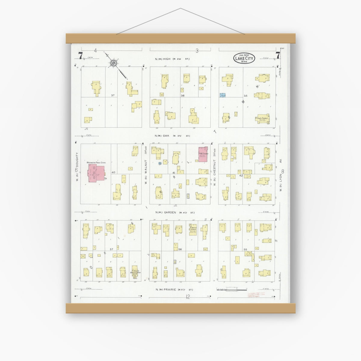Old map wall art mockup — magnetic wood frame on white wall — Sanborn Fire Insurance Map from Lake City, Wabasha County, Minnesota (1930), Sheet #0007