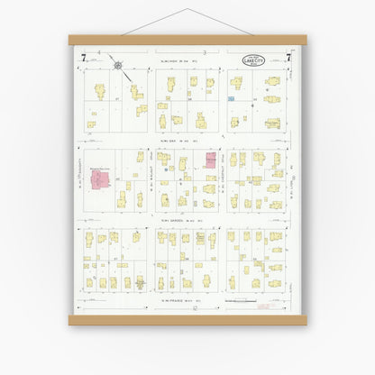 Old map wall art mockup — magnetic wood frame on white wall — Sanborn Fire Insurance Map from Lake City, Wabasha County, Minnesota (1930), Sheet #0007