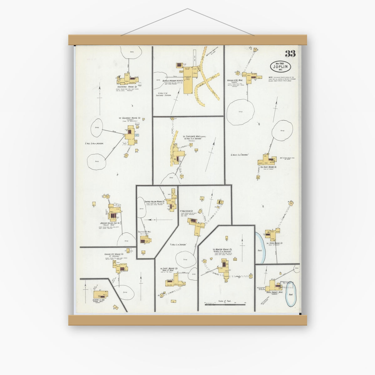 Old map wall art mockup — magnetic wood frame on white wall — Sanborn Fire Insurance Map from Joplin, Jasper County, Missouri (1900), Sheet #0033