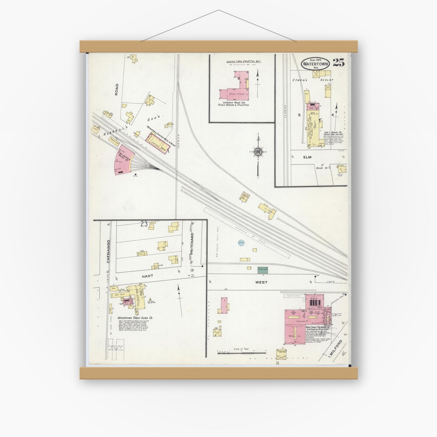 Old map wall art mockup — magnetic wood frame on white wall — Sanborn Fire Insurance Map from Watertown, Jefferson County, Wisconsin (1909), Sheet #0025