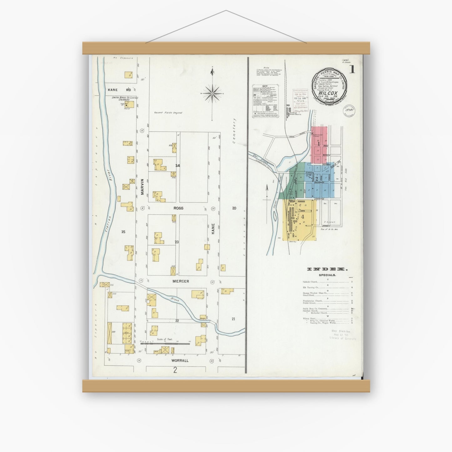 Old map wall art mockup — magnetic wood frame on white wall — Sanborn Fire Insurance Map from Wilcox, Elk County, Pennsylvania (1900) - Complete Map Set