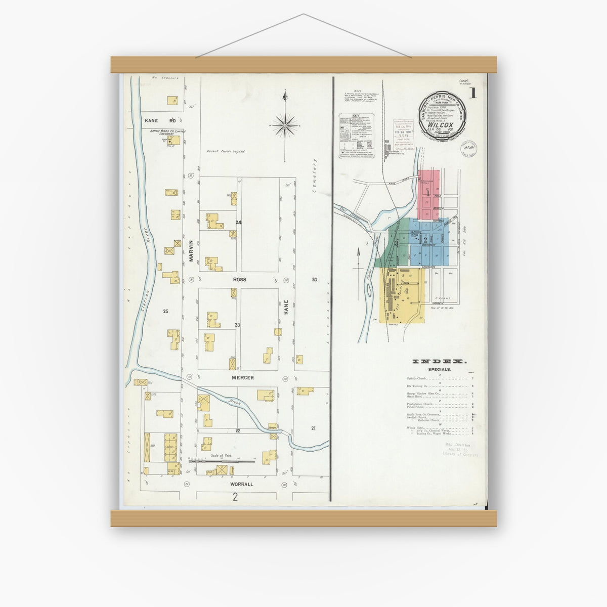 Old map wall art mockup — magnetic wood frame on white wall — Sanborn Fire Insurance Map from Wilcox, Elk County, Pennsylvania (1900) - Complete Map Set