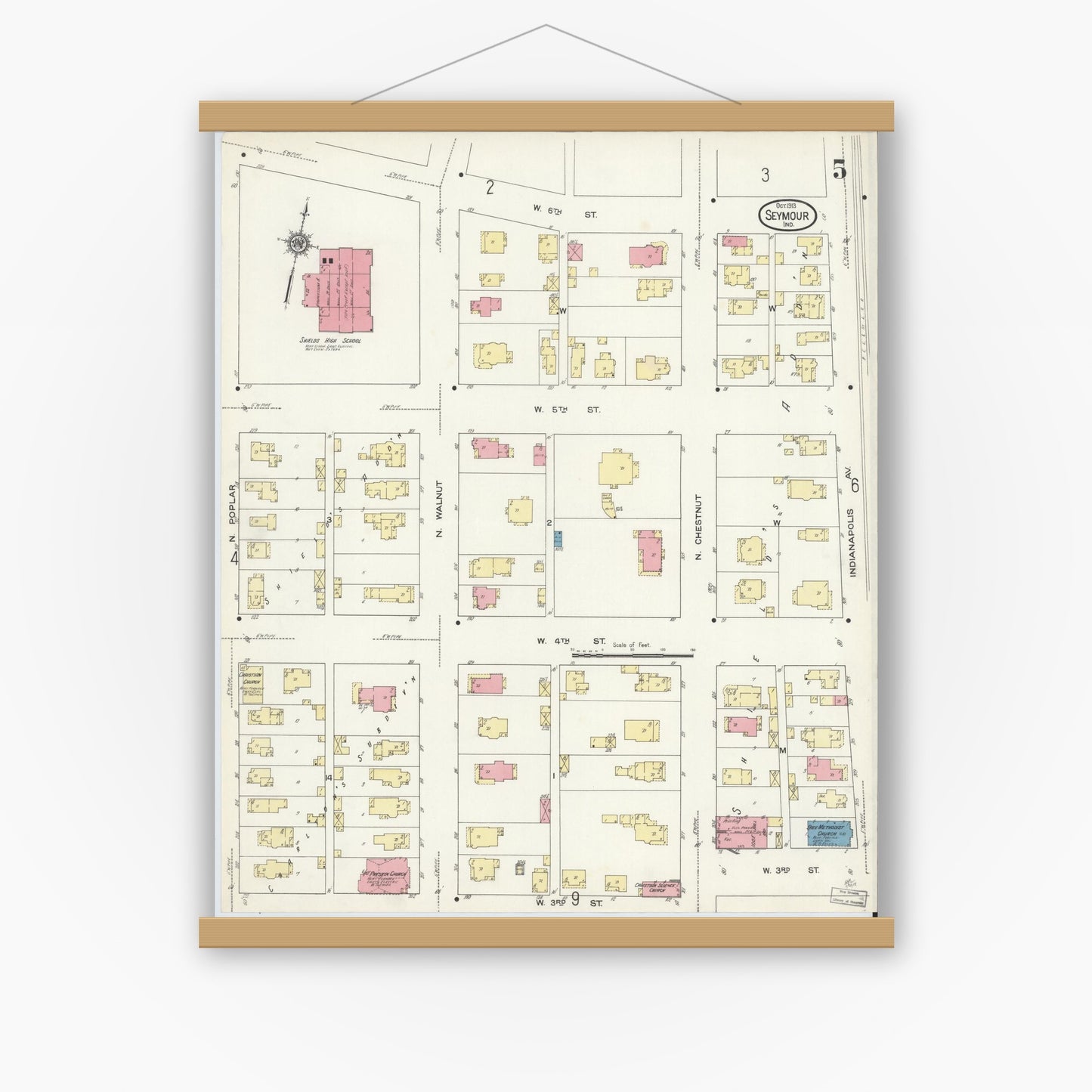 Old map wall art mockup — magnetic wood frame on white wall — Sanborn Fire Insurance Map from Seymour, Jackson County, Indiana (1913), Sheet #0005