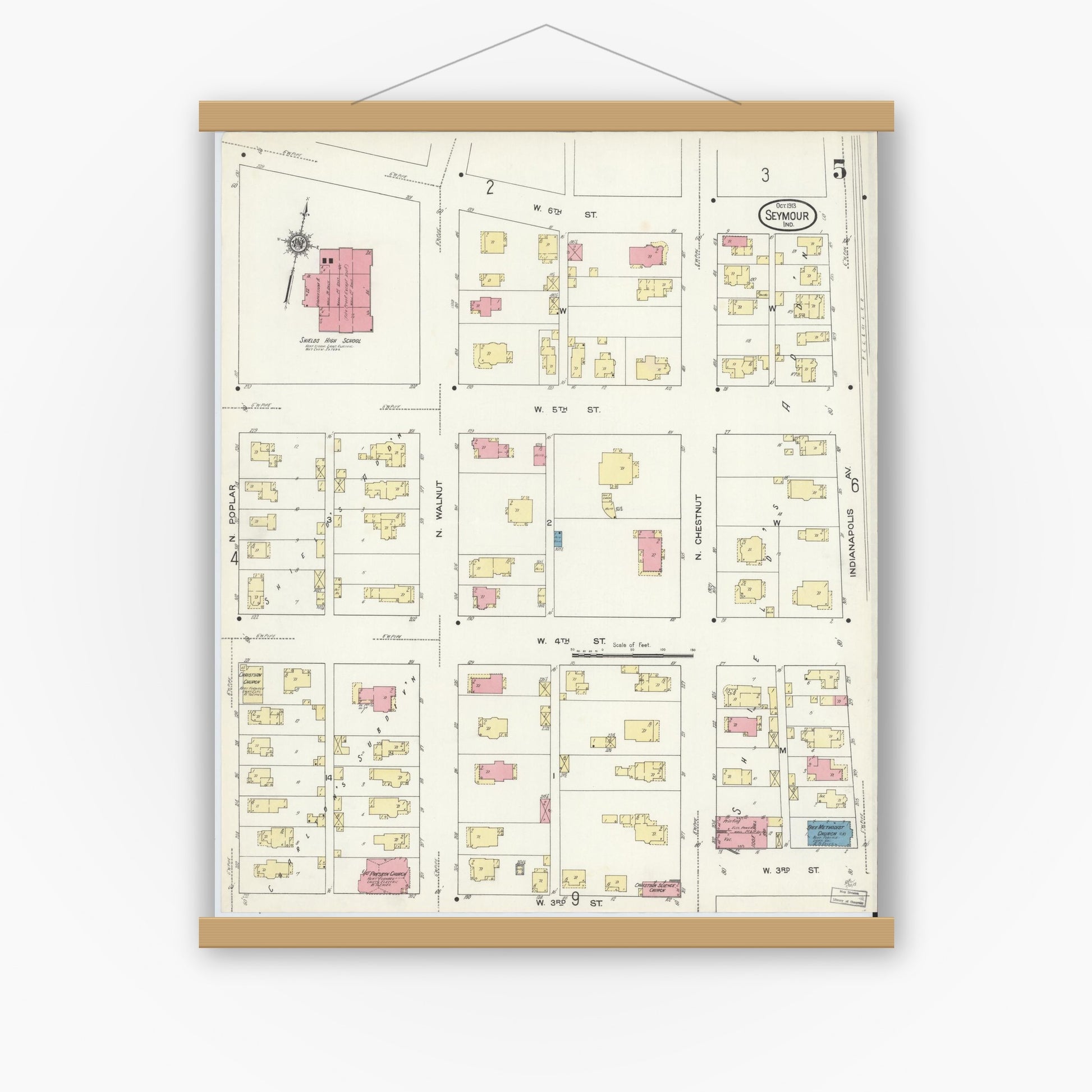 Old map wall art mockup — magnetic wood frame on white wall — Sanborn Fire Insurance Map from Seymour, Jackson County, Indiana (1913), Sheet #0005