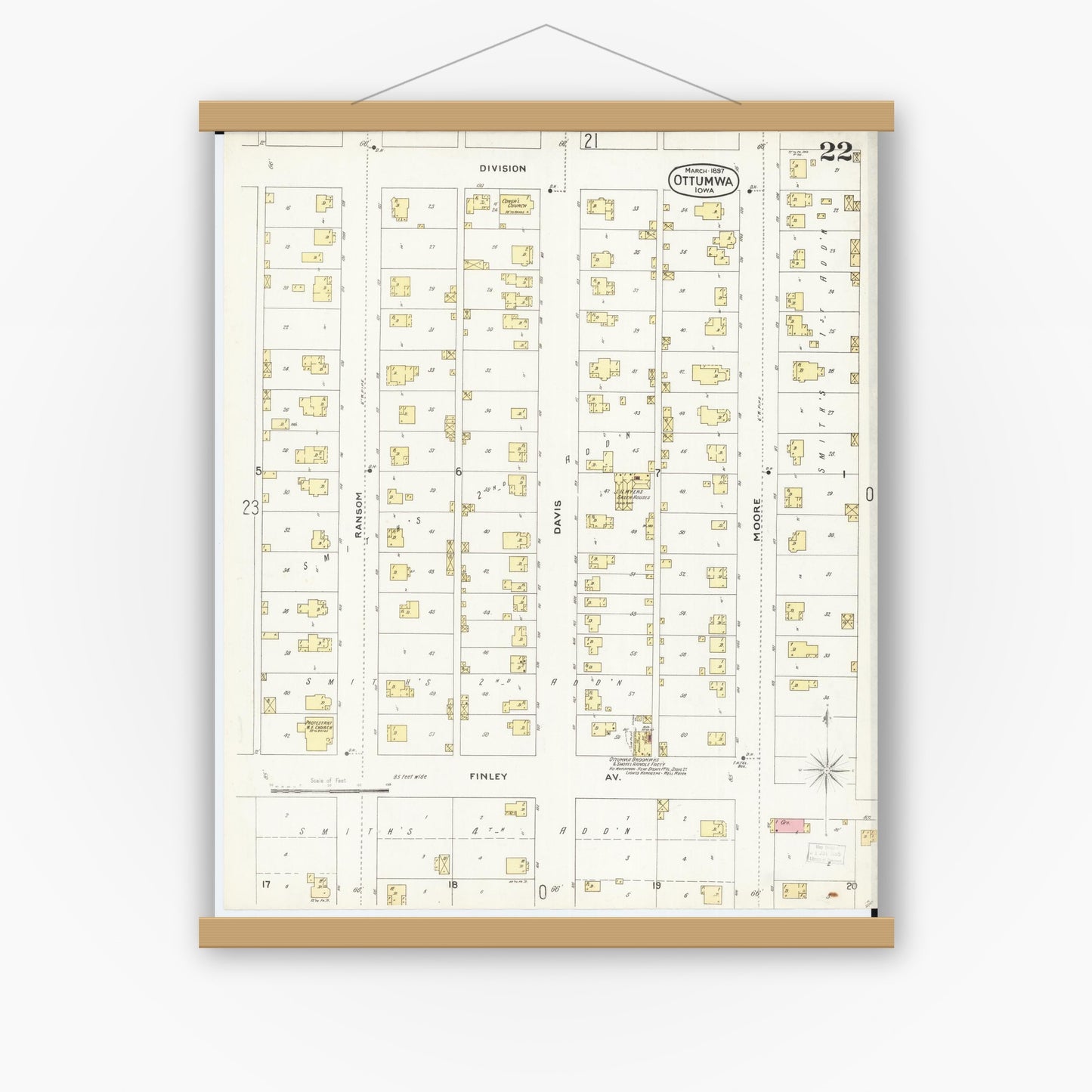 Old map wall art mockup — magnetic wood frame on white wall — Sanborn Fire Insurance Map from Ottumwa, Wapello County, Iowa (1897), Sheet #0022