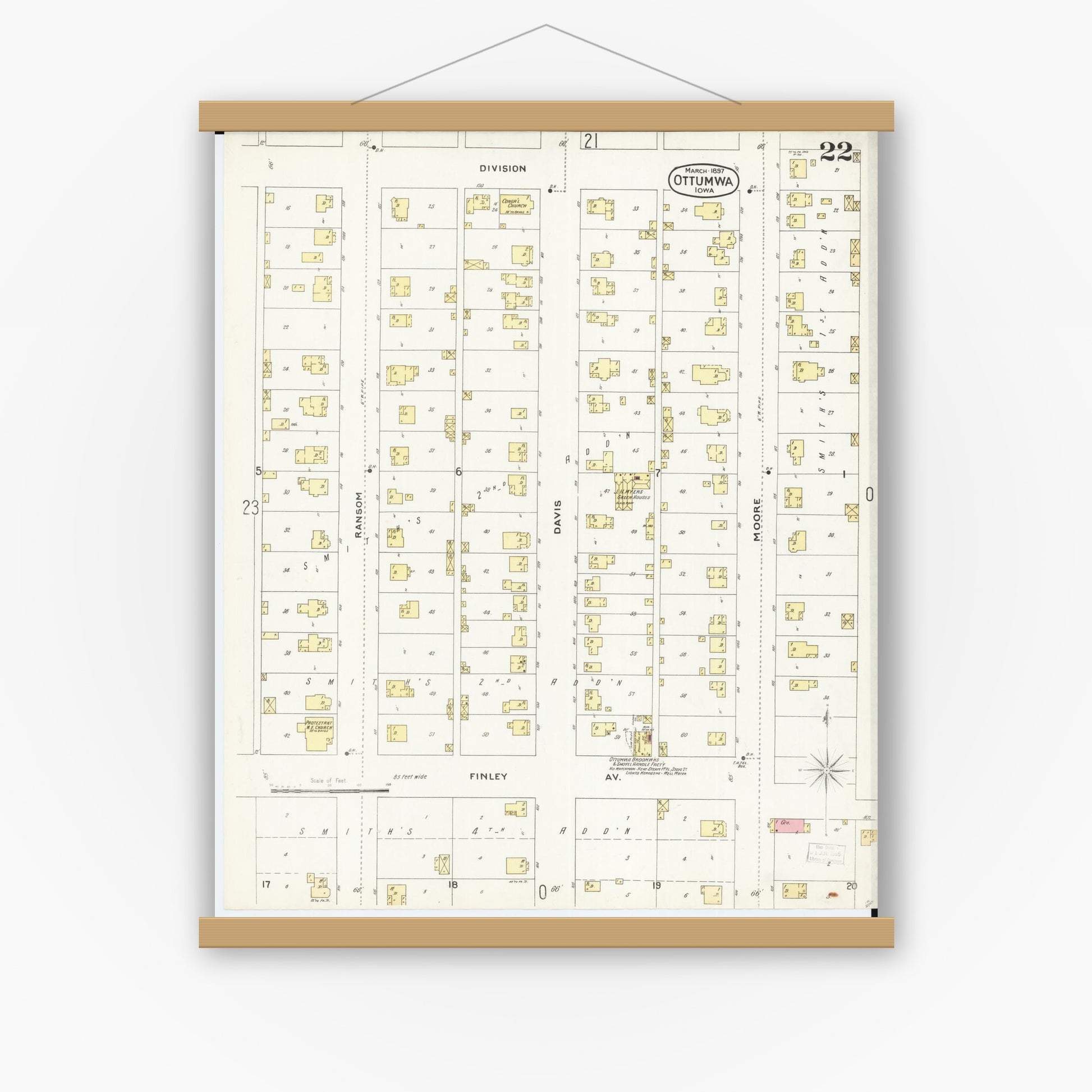 Old map wall art mockup — magnetic wood frame on white wall — Sanborn Fire Insurance Map from Ottumwa, Wapello County, Iowa (1897), Sheet #0022