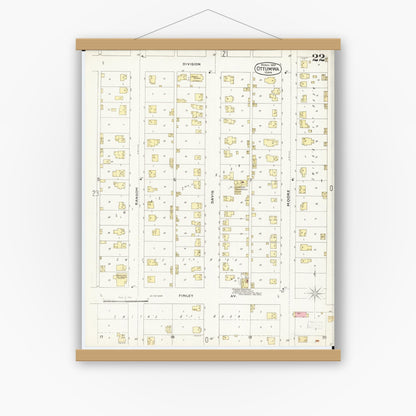 Old map wall art mockup — magnetic wood frame on white wall — Sanborn Fire Insurance Map from Ottumwa, Wapello County, Iowa (1897), Sheet #0022
