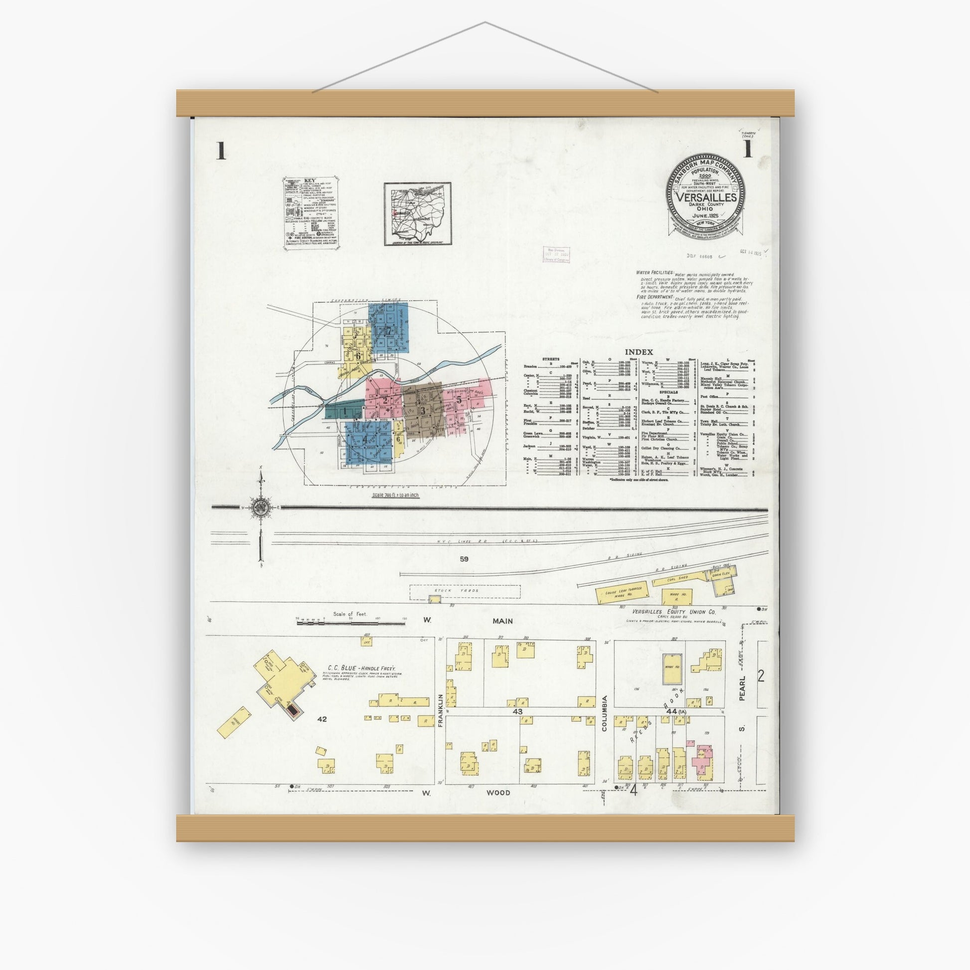 Old map wall art mockup — magnetic wood frame on white wall — Sanborn Fire Insurance Map from Versailles, Darke County, Ohio (1925), Sheet #0001