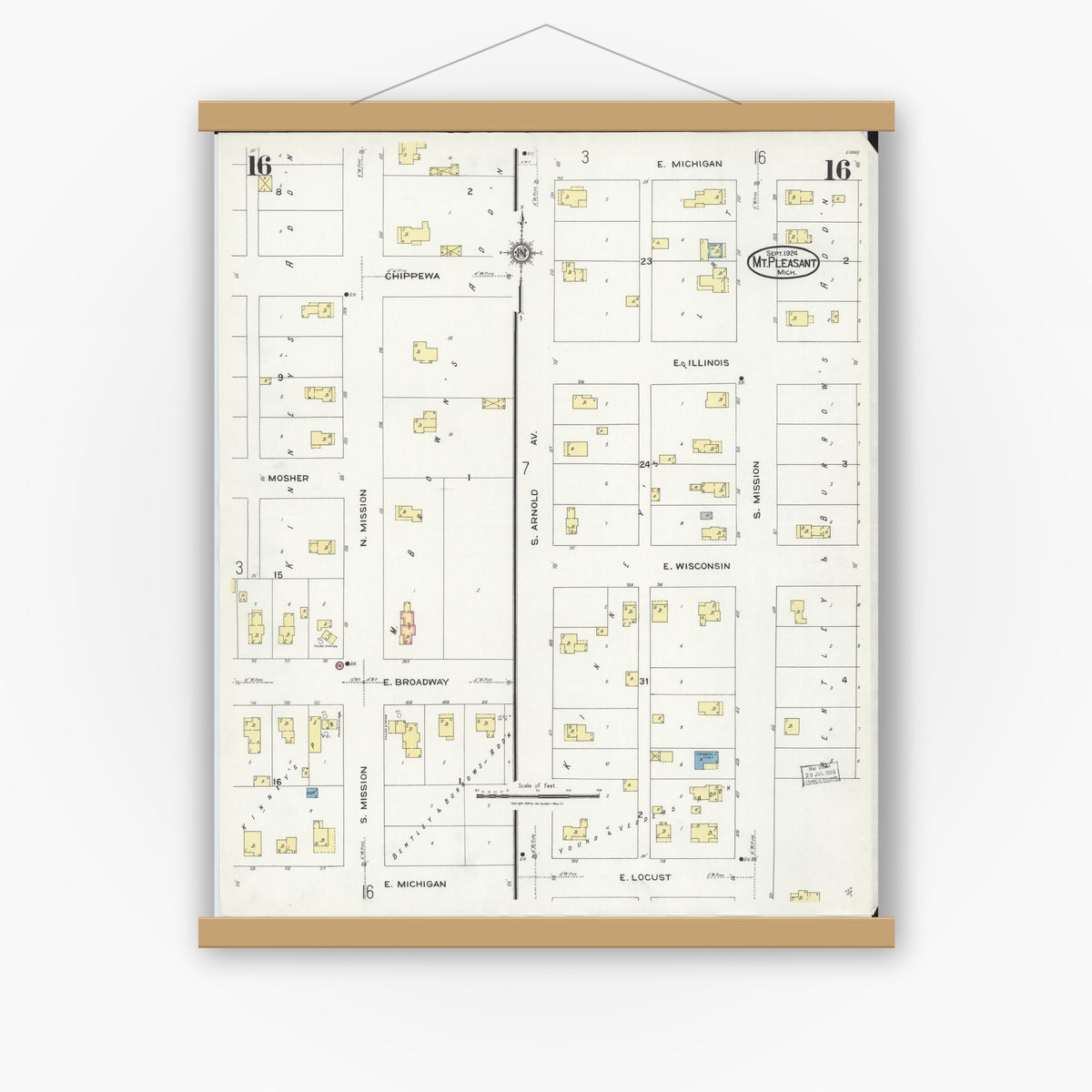 Old map wall art mockup — magnetic wood frame on white wall — Sanborn Fire Insurance Map from Mount Pleasant, Isabella County, Michigan (1924), Sheet #0016