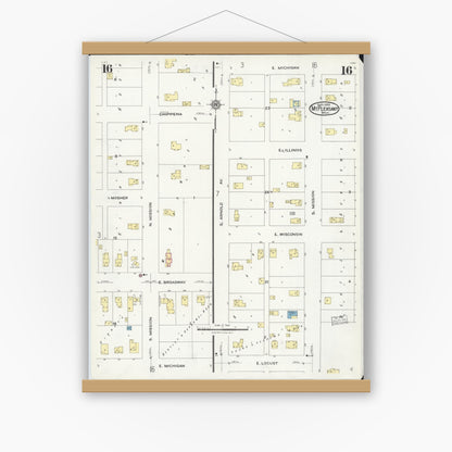 Old map wall art mockup — magnetic wood frame on white wall — Sanborn Fire Insurance Map from Mount Pleasant, Isabella County, Michigan (1924), Sheet #0016
