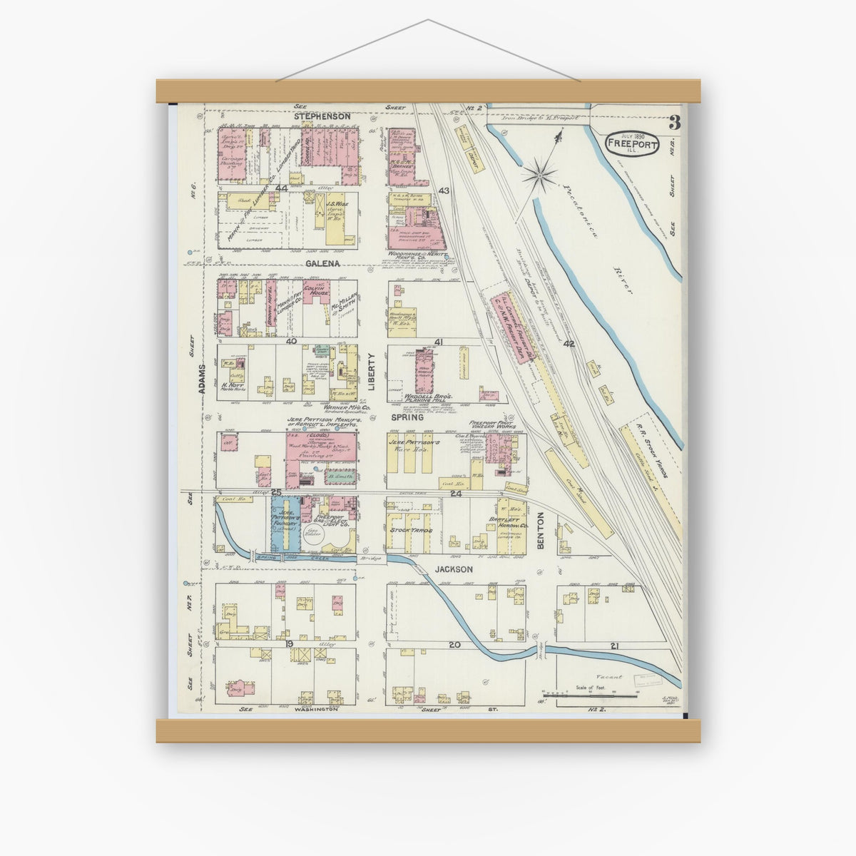 Old map wall art mockup — magnetic wood frame on white wall — Sanborn Fire Insurance Map from Freeport, Stephenson County, Illinois (1890), Sheet #0003