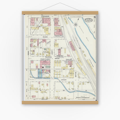 Old map wall art mockup — magnetic wood frame on white wall — Sanborn Fire Insurance Map from Freeport, Stephenson County, Illinois (1890), Sheet #0003