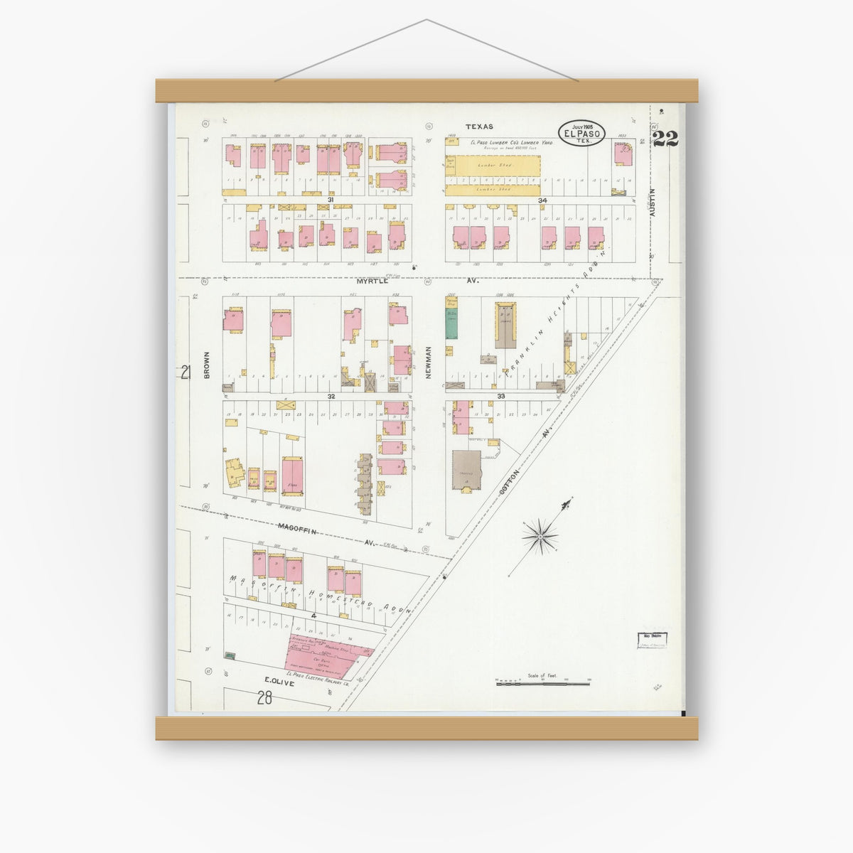 Old map wall art mockup — magnetic wood frame on white wall — Sanborn Fire Insurance Map from El Paso, El Paso County, Texas (1905), Sheet #0022
