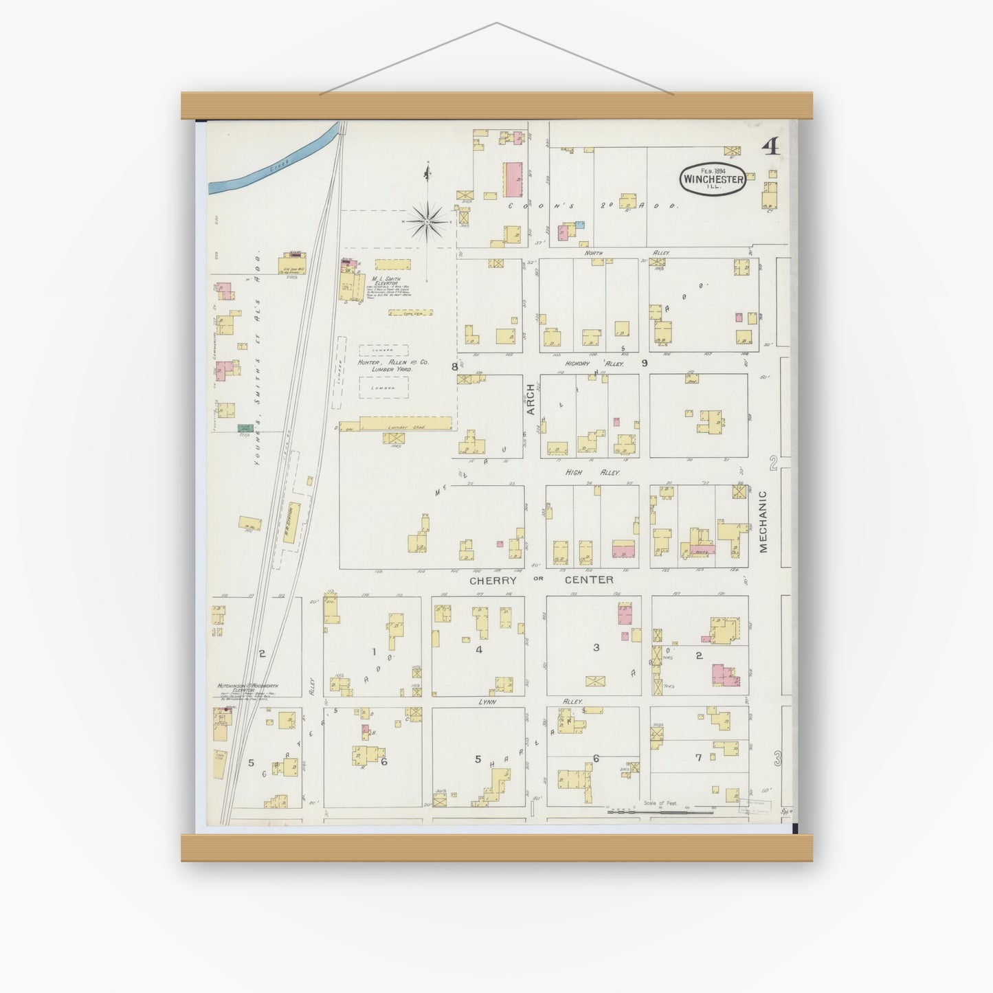 Old map wall art mockup — magnetic wood frame on white wall — Sanborn Fire Insurance Map from Winchester, Scott County, Illinois (1894), Sheet #0004