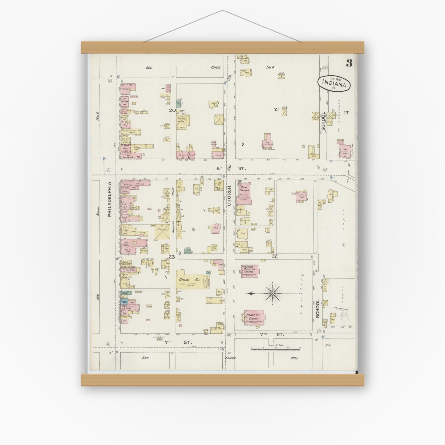 Old map wall art mockup — magnetic wood frame on white wall — Sanborn Fire Insurance Map from Indiana, Indiana County, Pennsylvania (1887), Sheet #0003
