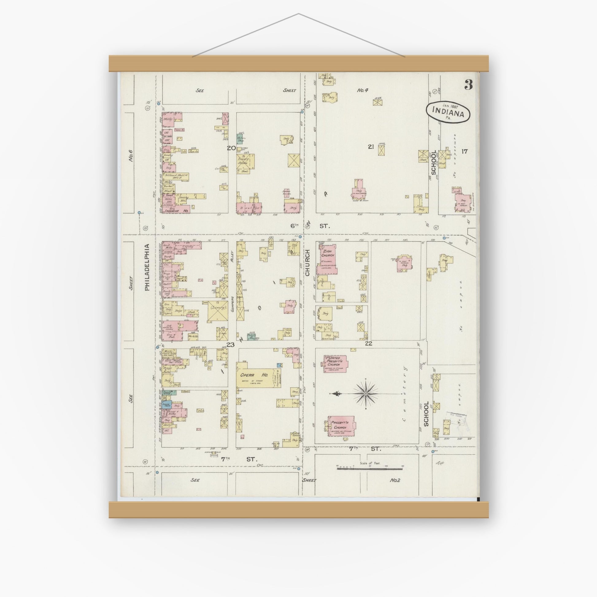 Old map wall art mockup — magnetic wood frame on white wall — Sanborn Fire Insurance Map from Indiana, Indiana County, Pennsylvania (1887), Sheet #0003
