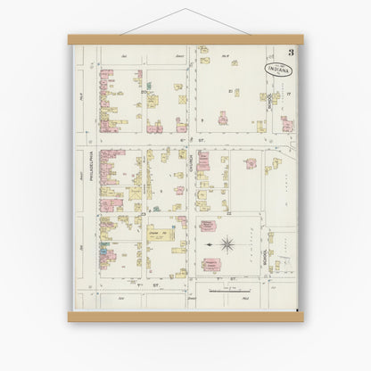 Old map wall art mockup — magnetic wood frame on white wall — Sanborn Fire Insurance Map from Indiana, Indiana County, Pennsylvania (1887), Sheet #0003