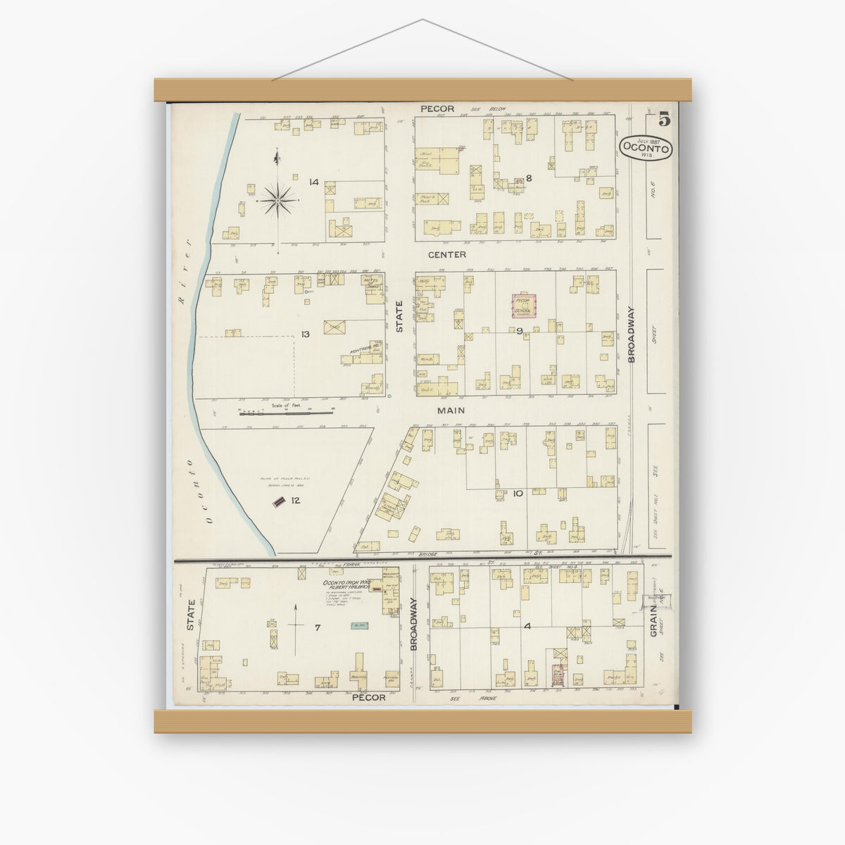 Old map wall art mockup — magnetic wood frame on white wall — Sanborn Fire Insurance Map from Oconto, Oconto County, Wisconsin (1887), Sheet #0005