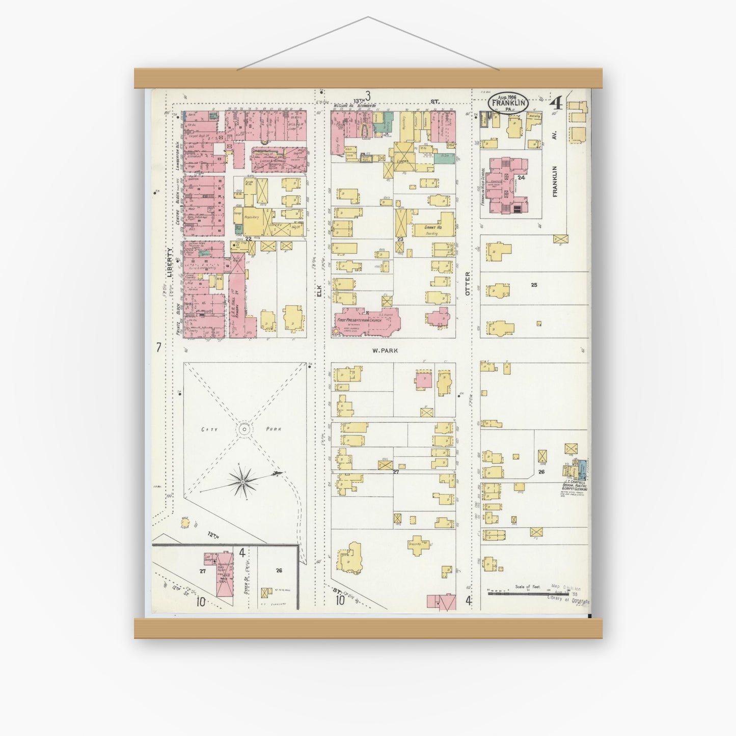 Old map wall art mockup — magnetic wood frame on white wall — Sanborn Fire Insurance Map from Franklin, Venango County, Pennsylvania (1906), Sheet #0004